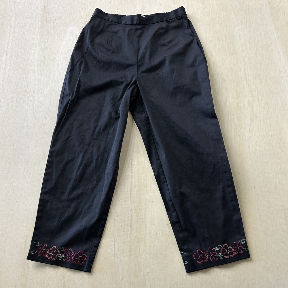 Talbots Dress Pants Womens‎ 10P Petite Black Embroidered Flower Hem Straight Leg